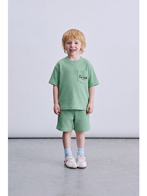 Magu Unisex Çocuk Pamuklu Yeşil Gofre Tişört Şort Takım - Cepli