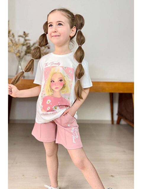 Riccotarz Kız Çocuk Papatya Ve The Beauty Yazı Baskılı Penye T-Shirt Pudra Şortlu Takım - S000404013-23490