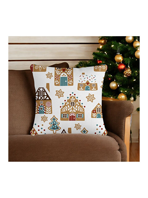 Asdiva Yılbaşı Temalı Zencefil Kurabiye Evi Baskılı Kırlent Kılıfı - Kırmızı 43x43 - S000465344-37231