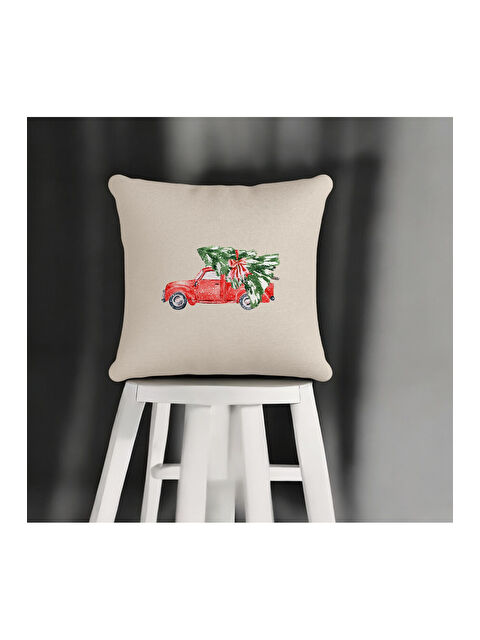 Asdiva Yılbaşı Temalı Çam Ağacı Taşıyan Kırmızı Kamyon Desenli Dekoratif Kırlent Kılıfı - Bej 43x43 - S000465344-19928