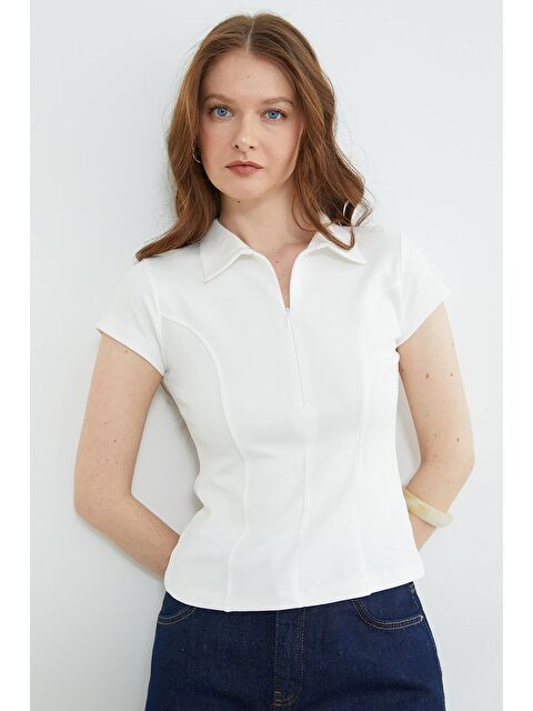 Fullamoda Basic Yarım Fermuarlı Polo Yaka Slim Fit Tişört - S000529498-20063