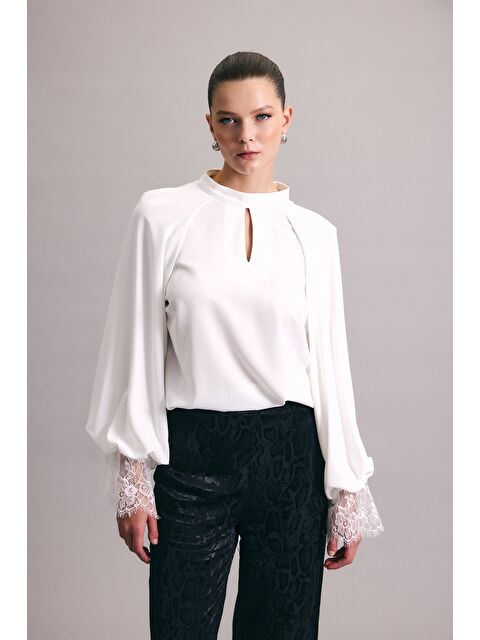 SATEEN Dantel Detaylı Uzun Kollu Bluz - Ekru - S000506910-19965