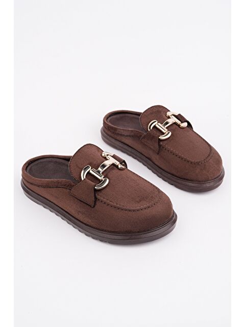 Muggo CARLEEN Süet Deri Gold Tokalı Günlük Rahat Önü Kapalı Kadın Loafer Terlik