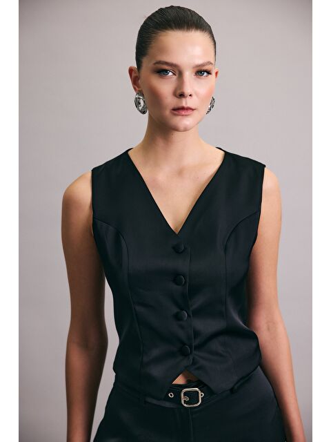 SATEEN Klasik Düz Yelek - Siyah - S000506912-19351