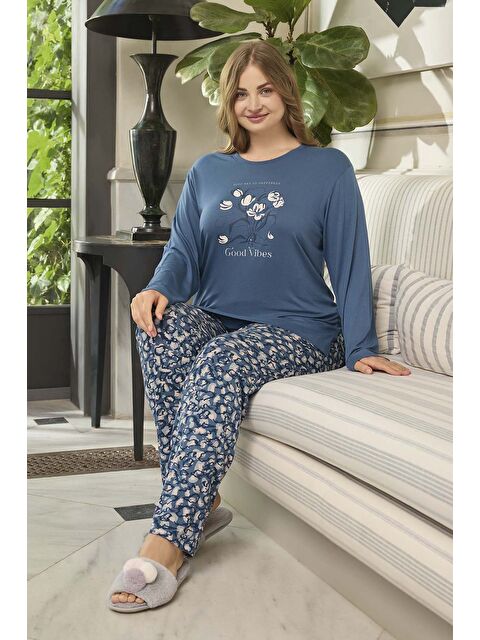 Remsa Viskon Kadın Uzun Kol Pijama Takımı 240660 Mavi - S000464663-17234