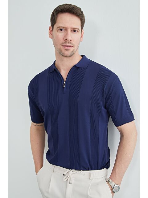 Fullamoda Şeritli Yarım Fermuarlı Polo Yaka Triko Tişört - S000514003-21164