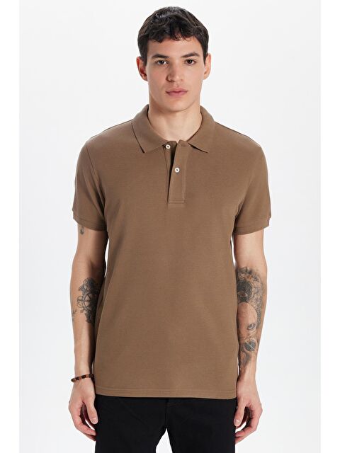 TUDORS Erkek Slim Fit Dar Kesim %100 Pamuk Kahverengi Polo Yaka Tişört