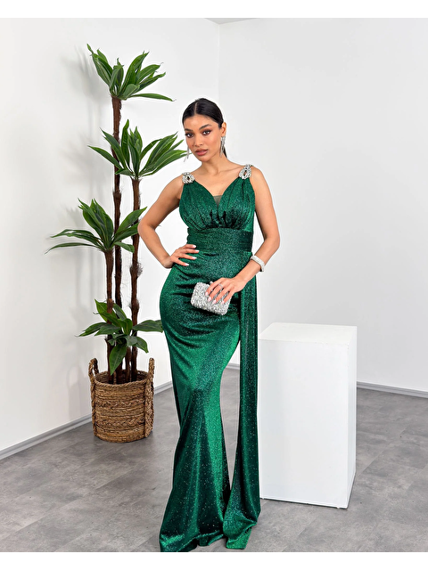 Mialora Omuz Taş Detaylı V Yaka Simli Maxi Kadın Abiye Elbise - S000514004-37425