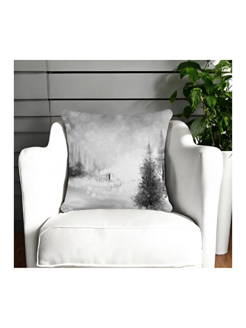 Asdiva Yılbaşı Temalı Kar Yağışı Çam Ağacı Desenli Dekoratif Kırlent Kılıfı - Gri 43x43 - S000465344-20600