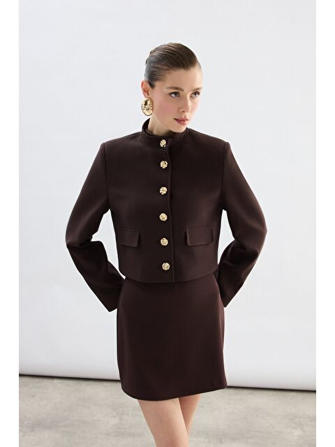 SATEEN Düğmeli Kısa Ceket - Kahve - S000497783-19413