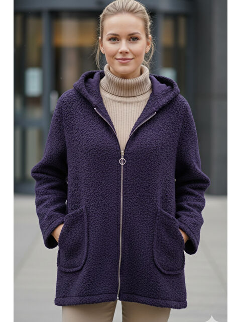 Chiccy İtalyan Mor Kapüşonlu Uzun Kol Fermuarlı Cepli Casual Buklet Oversize Dokuma Ceket 75 80 - S000486860-20042