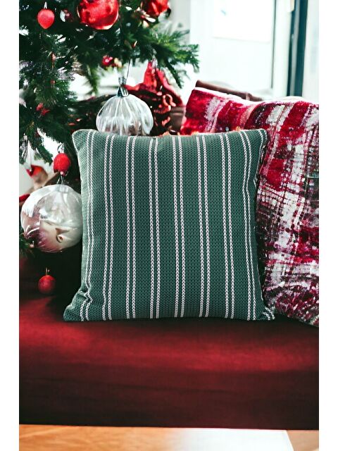 Asdiva Yılbaşı Temalı Çubuk Çizgi Örgü Baskılı Kırlent Kılıfı - Yeşil 43x43 - S000465344-6348