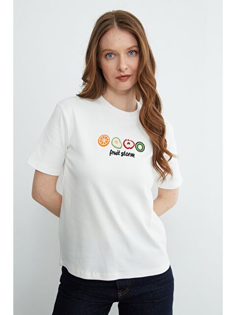 Fullamoda Meyve Nakışlı Bisiklet Yaka Tişört - S000532020-20063