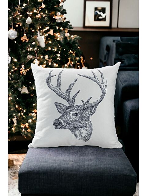 Asdiva Yılbaşı Temalı Siyah Çizim Ren Geyik Baskılı Kırlent Kılıfı - Beyaz 43x43 - S000465344-37246