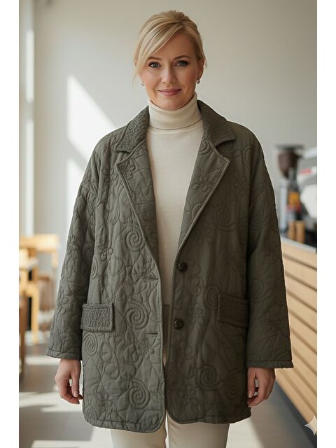 Chiccy İtalyan Haki Ceket Yaka Uzun Kol Düğmeli Allover Nakışlı Kapitone Oversize Dokuma Ceket 78 70 - S000486859-18547