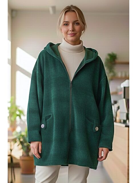Chiccy İtalyan Yeşil Kapüşonlu Uzun Kol Fermuarlı Cepli Casual Kadife Oversize Dokuma Ceket 0 0 - S000486862-18194