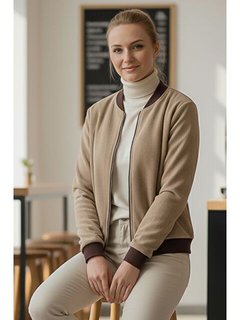 Chiccy İtalyan Bej Bomber Yaka Manşetli Kollu Fermuarlı Cepsiz Astarsız Kadife Dokuma Bomber Ceket 68 65 - S000486861-19928