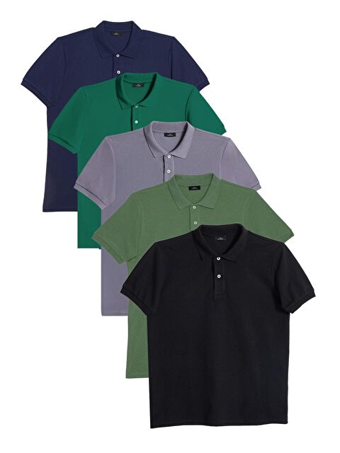 TUDORS Erkek 5'Li Paket Gri-Açık Yeşil-Lacivert-Yeşil-Siyah Slim Fit Pamuklu Düz Pike Polo Yaka Tişört - S000494383-23173