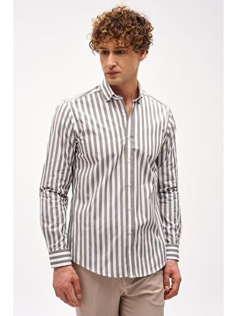 igs Haki Dynamic Fit Düğmeli Yaka Çizgili Uzun Kollu Cepsiz %100 Pamuk Gömlek - S000490121-18547