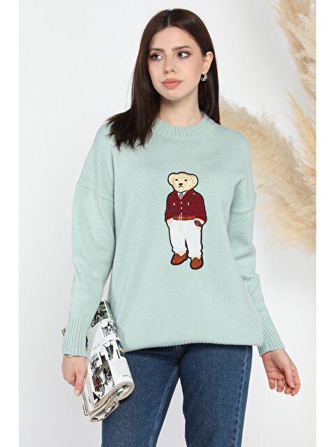 Gülseli Aplike Ayılı Kadın Triko Kazak - S000338180-1180