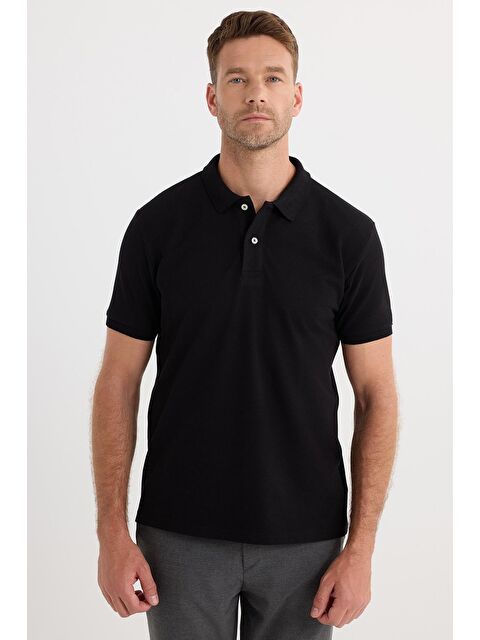 TUDORS Erkek Regular Fit Klasik Kesim Pamuklu Yumuşak Dokulu Serin Tutan Kumaş Düz Siyah Polo Yaka Tişört - S000494384-19351