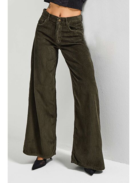 It's Basic Kadın Haki Renk Hera 26w5-15 Palazzo Fit Kalın Fitilli Velvet Kadife Kumaş Pantolon - S000494102-18547