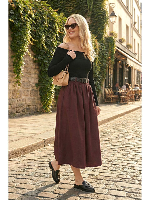 Lela Pamuklu Relaxed Fit Lastikli Bel Kemer Detaylı Midi Boy Etek 6921273 - S000500877-20036