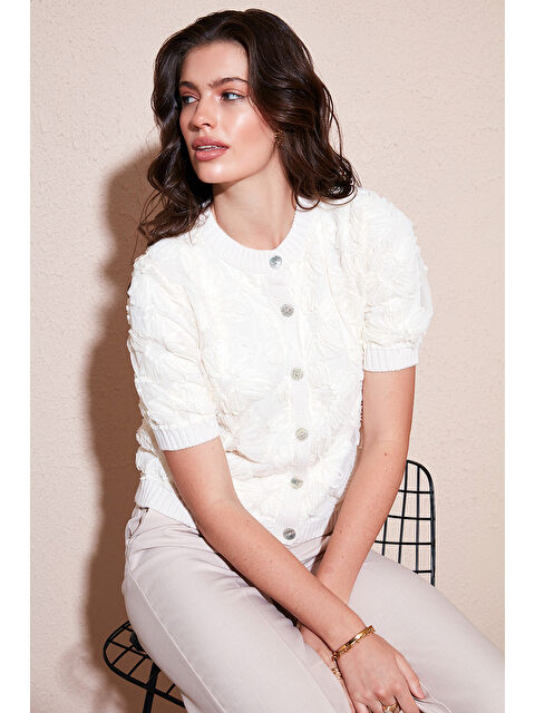 Lela Premium Regular Fit Bisiklet Yaka Tüllü Çiçekli Kısa Kollu Hırka 680HI00386 - S000424837-19965