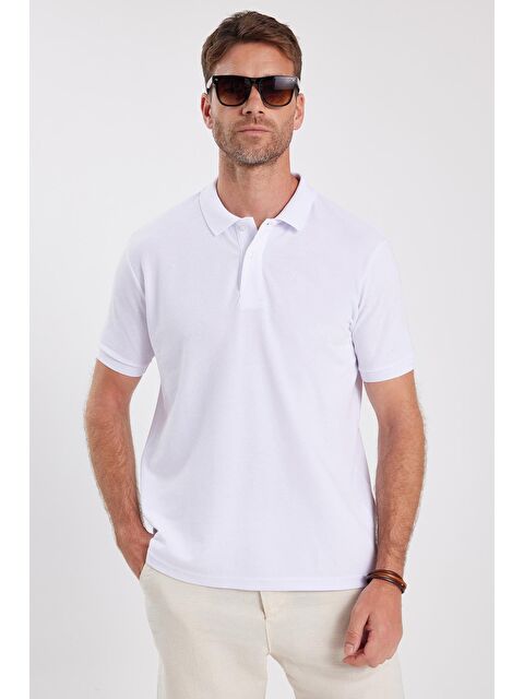 TUDORS Erkek Regular Fit Klasik Kesim Pamuklu Yumuşak Dokulu Serin Tutan Kumaş Düz Beyaz Polo Yaka Tişört - S000494386-20063