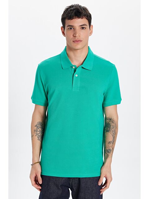 TUDORS Erkek Slim Fit Dar Kesim %100 Pamuk Yeşil Polo Yaka Tişört