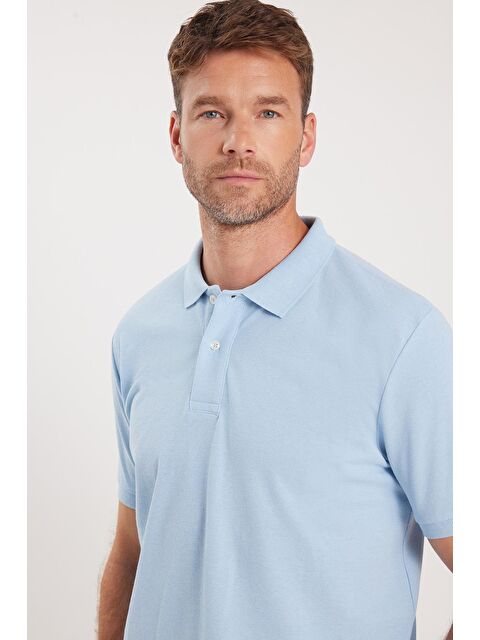 TUDORS Erkek Regular Fit Klasik Kesim Pamuklu Yumuşak Dokulu Serin Tutan Kumaş Düz Mavi Polo Yaka Tişört - S000494387-17234