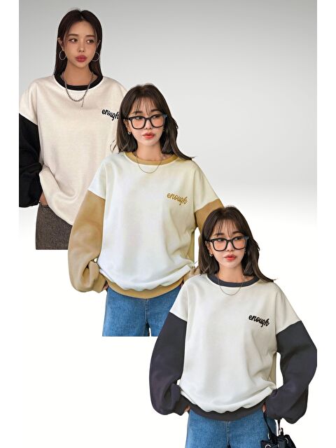 Trendseninle 3Lü Set Siyah Bej Füme Enough Baskılı Kol Detay Oversize Sweatshirt - S000464667-23173