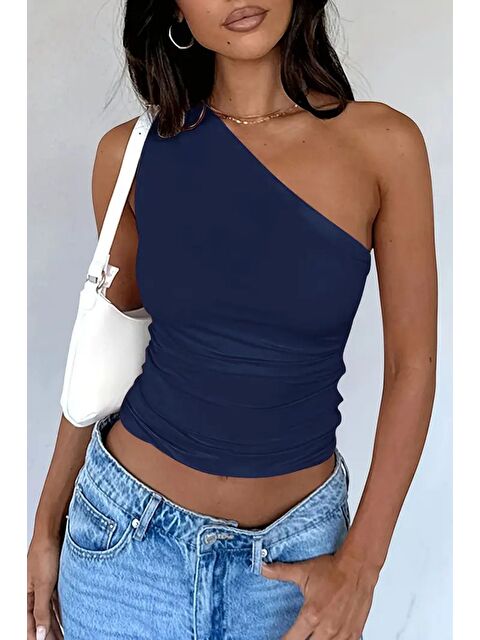 Tarz Cool Kadın Lacivert Tek Omuzlu Basic Dar Kesim Slim Fit Bluz - S000420659-21164