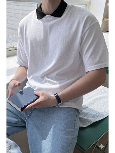 Tarz Cool Erkek Kolej Yaka Tişört Kontrast Detaylı Casual Regular Polo Yaka T-shirt