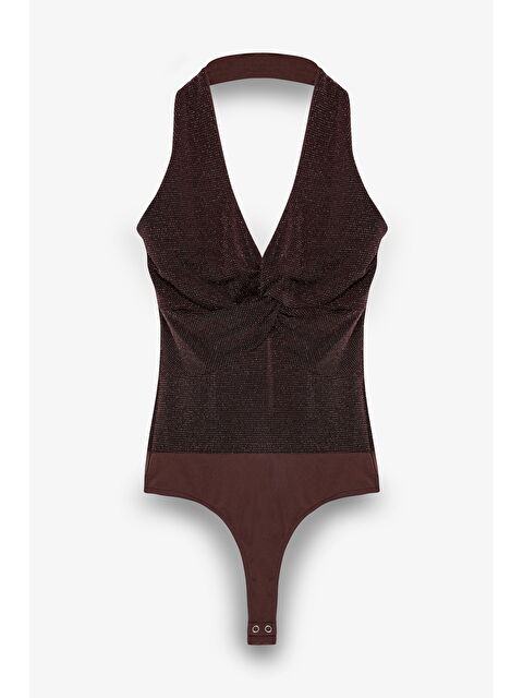 QUZU Simli Drape Düğümlü Bodysuit Kahverengi - S000503956-19413