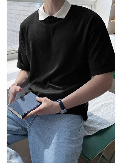 Tarz Cool Erkek Kolej Yaka Tişört Kontrast Detaylı Casual Regular Polo Yaka T-shirt