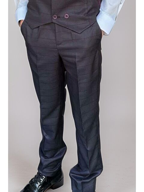 Riccotarz Erkek Çocuk Cepken Yelekli Ekose Desenli Mürdüm Çizgi Detaylı Takım Elbise 10-14 Yaş - S000404278-20036