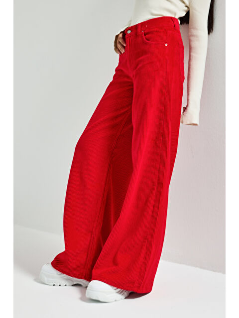 It's Basic Kadın Kırmızı Renk Hera 26w5-19 Palazzo Fit Kalın Fitilli Velvet Kadife Kumaş Pantolon - S000494103-20045