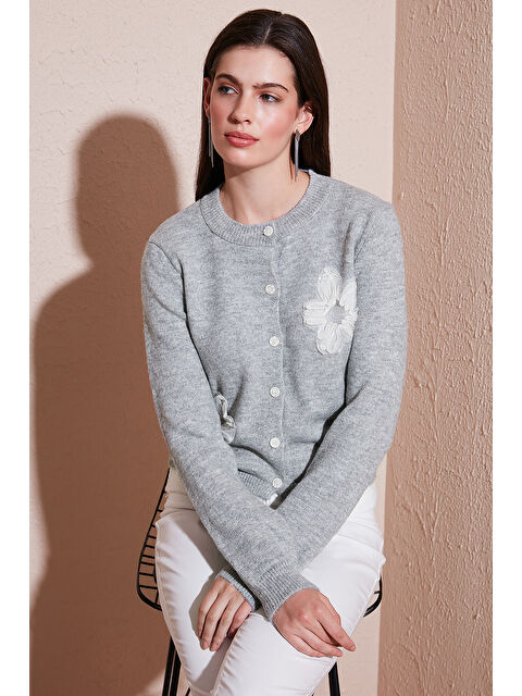 Lela Premium Tül Çiçek Detaylı Regular Fit Bisiklet Yaka Düğmeli Triko Hırka 680HI002421 - S000424841-20600