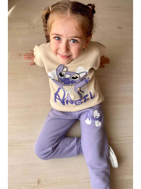 Riccotarz Kız Çocuk Stitch Karakter ve Angel Yazı Baskılı Lila Eşofman Takım - S000404279-17878