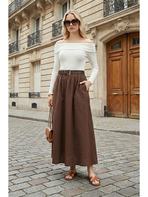 Lela Pamuklu Relaxed Fit Lastikli Bel Kemer Detaylı Midi Boy Etek 6921273 - S000500877-19413