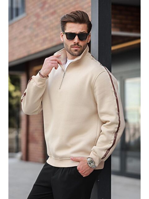 Madmext Bej Kahverengi Fermuarlı Dik Yaka Erkek Sweatshirt E7164 - S000428114-19928