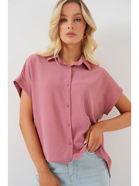 Bigdart Kadın Oversize Kısa Kol Gömlek 20322 - Pembe - S000379507-20024