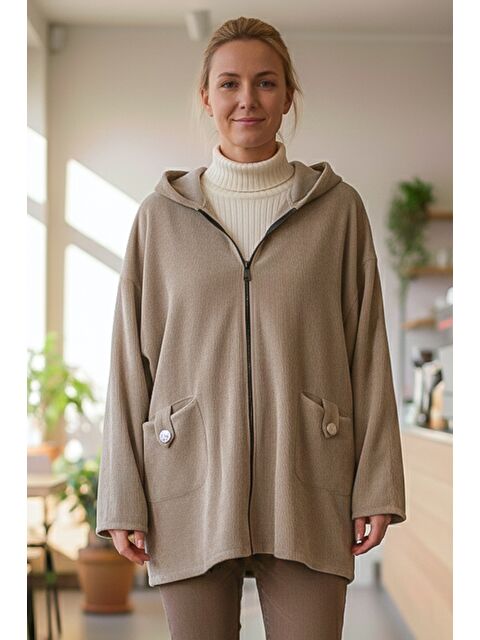 Chiccy İtalyan Bej Kapüşonlu Uzun Kol Fermuarlı Cepli Casual Kadife Oversize Dokuma Ceket 0 0 - S000486862-19928