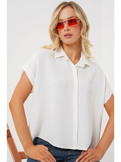 Bigdart Kadın Oversize Kısa Kol Gömlek 20322 - Beyaz - S000379507-20063