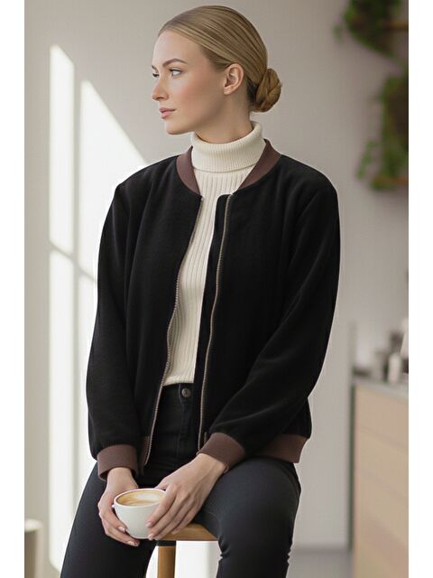 Chiccy İtalyan Siyah Bomber Yaka Manşetli Kollu Fermuarlı Cepsiz Astarsız Kadife Dokuma Bomber Ceket 68 65 - S000486861-19351