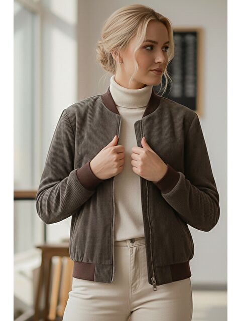 Chiccy İtalyan Haki Bomber Yaka Manşetli Kollu Fermuarlı Cepsiz Astarsız Kadife Dokuma Bomber Ceket 68 65 - S000486861-18547