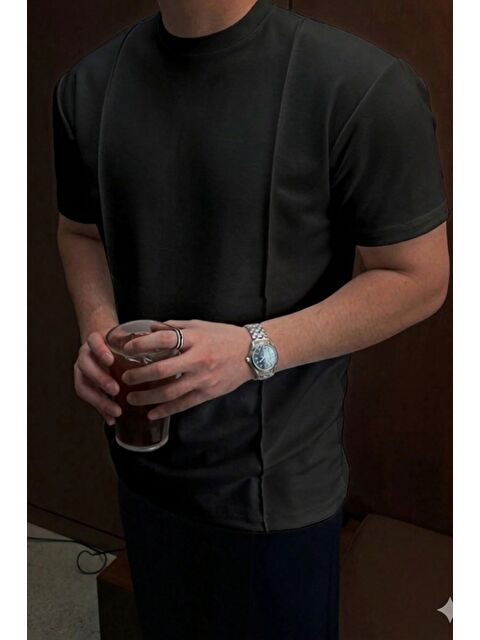 Tarz Cool Erkek Çizgi Detaylı Slim Fit Tişört Bisiklet Yaka Casual Pamuklu T-shirt