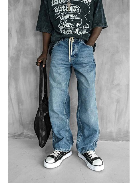Abluka Online Erkek Bağcıklı Şerit Detaylı Baggy Jean Mavi - S000481830-17234