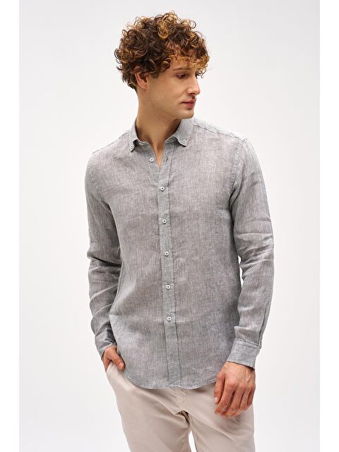 igs Haki Dynamic Fit Düğmeli Yaka Düz Uzun Kollu Cepsiz %100 Keten Gömlek - S000490113-18547